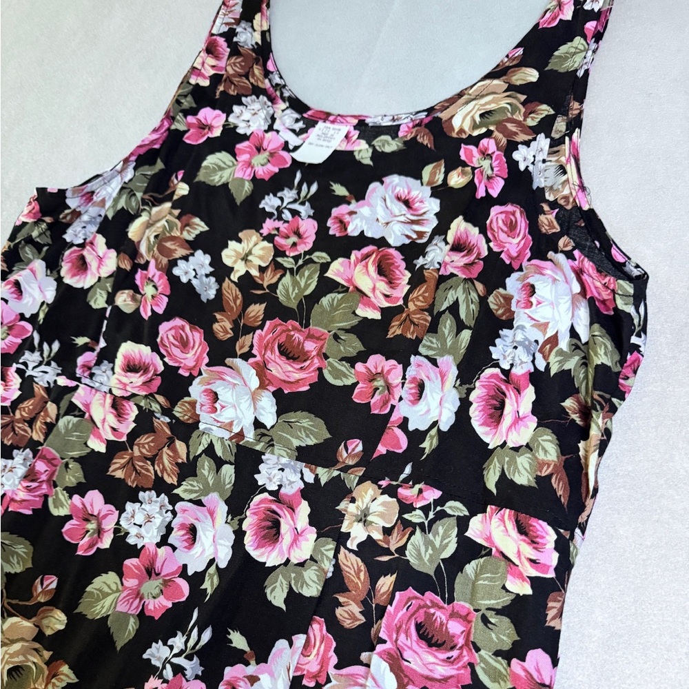 Vtg Floral Tank Maxi Dress Sz 16 Black Pink Festival 90s Retro Grunge Cottage - Picture 5 of 7